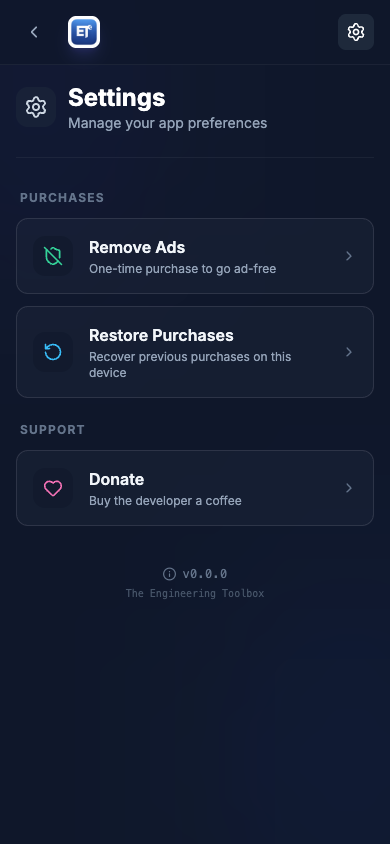 Engineering Toolbox settings page